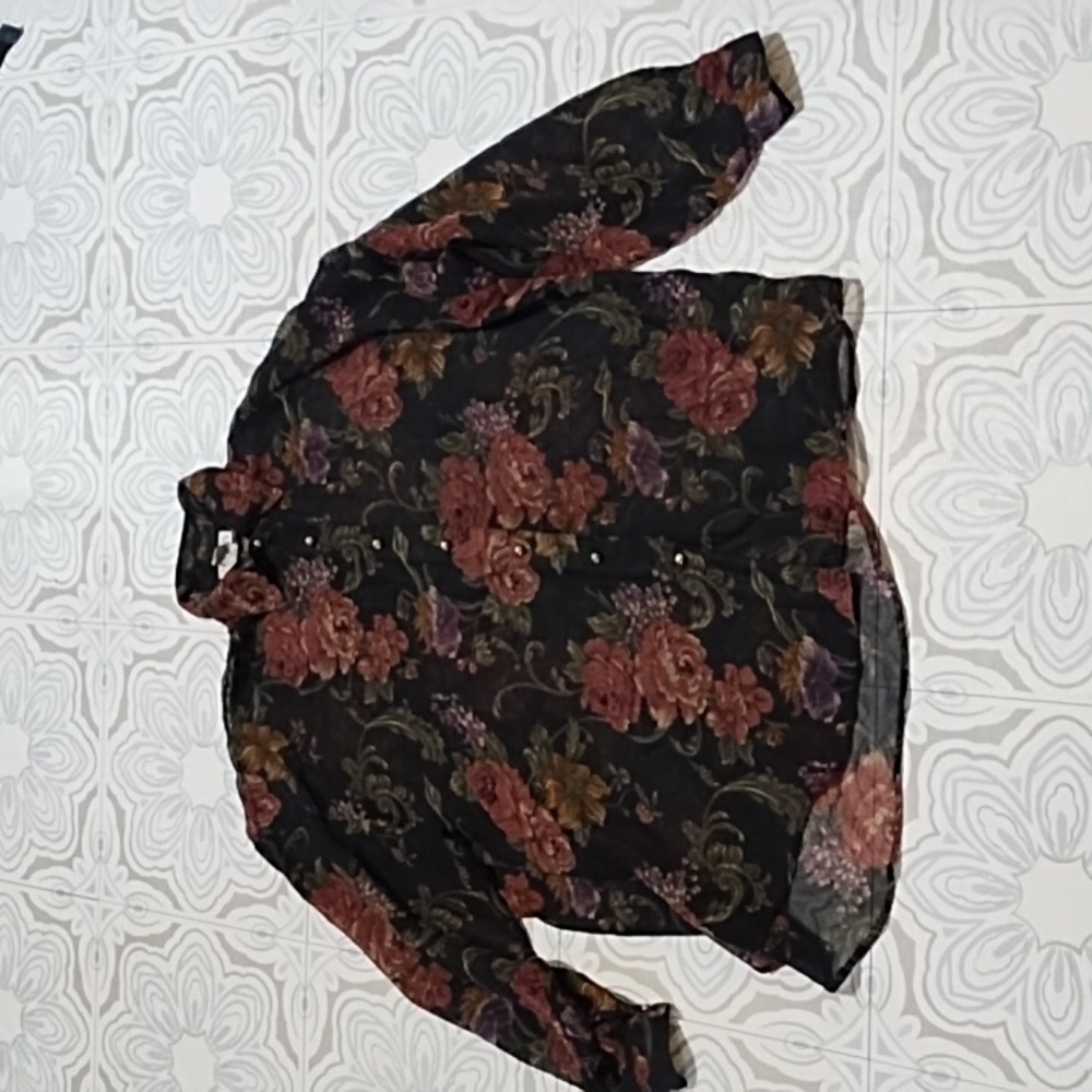 Express Sheer Floral Blouse Long Sleeve Over Shirt Classy Sz M Black With Flower